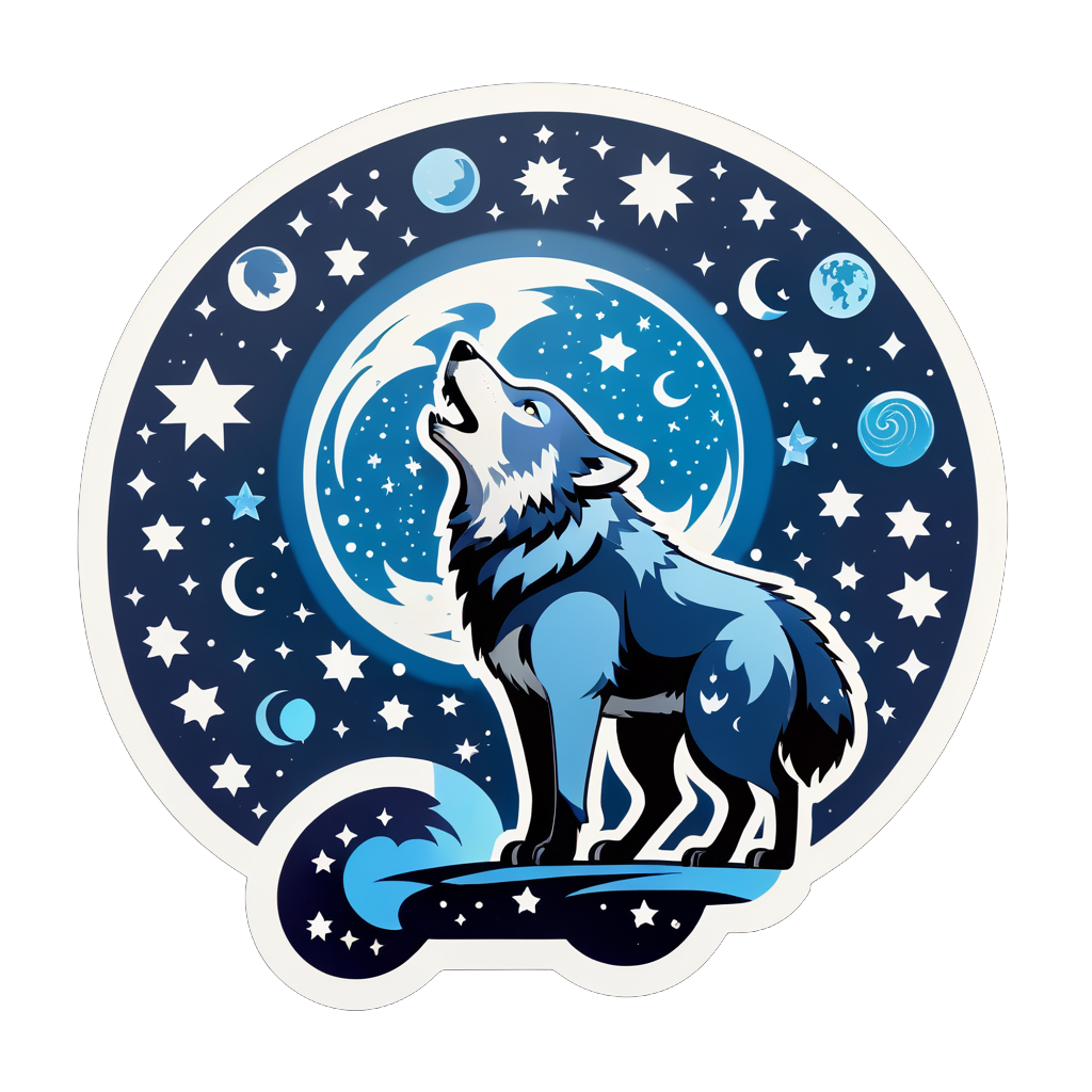 Ein Wolf mit einem Mondanhänger in seiner linken Hand und einer Sternenkarte in seiner rechten Hand sticker