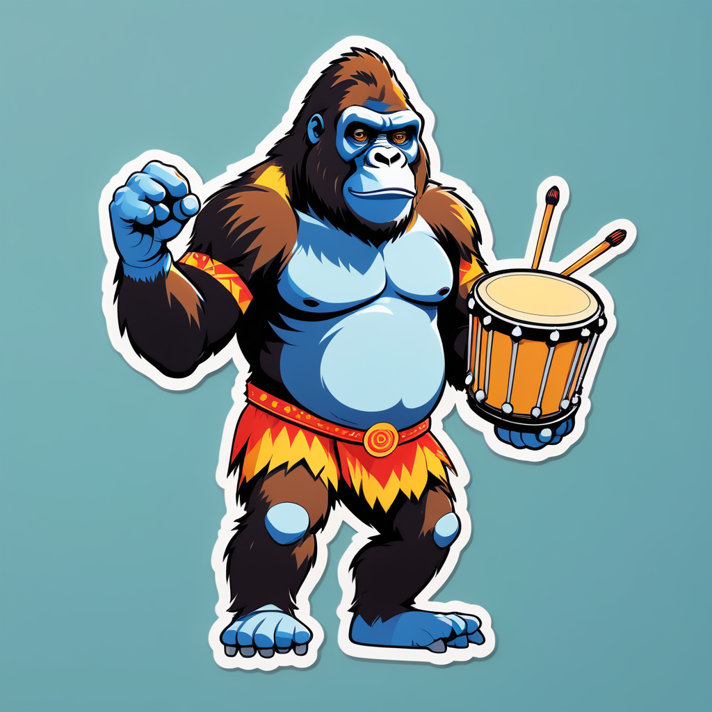 Ein Gorilla mit einer Trommel in seiner linken Hand und Trommelstöcken in seiner rechten Hand sticker