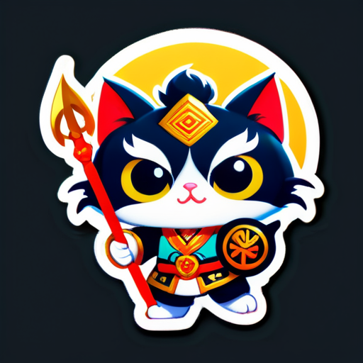 罗小黑 tient une trident. 罗小黑 est un chat avec de grands yeux. sticker