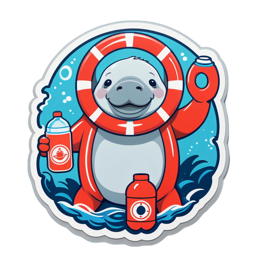 Ein Seekuh mit einem Rettungsring in der linken Hand und einer Wasserflasche in der rechten Hand sticker