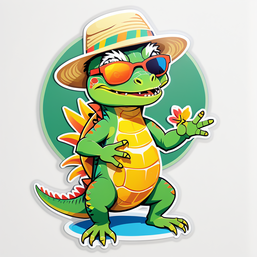 Una iguana con un sombrero de sol en su mano izquierda y un par de gafas de sol en su mano derecha sticker