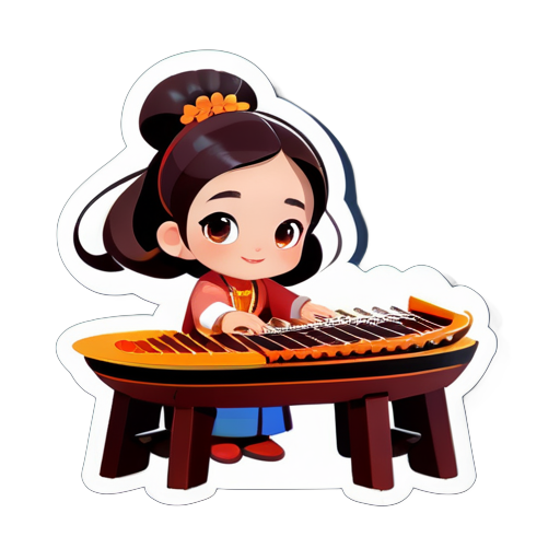 Ajude-me a projetar um avatar de desenho animado para uso no site, uma menina pequena tocando uma cítara, estilo chinês, moderno e clássico ao mesmo tempo sticker