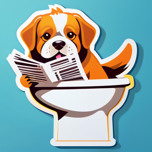 Um cachorro sentado no vaso sanitário lendo o jornal sticker