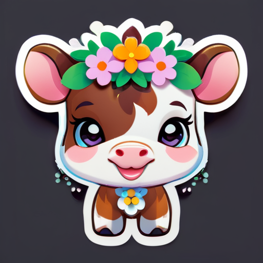 Un mignon avatar de veau dessin animé portant une guirlande de fleurs sur la tête. sticker