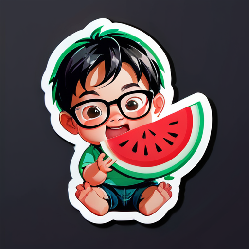 generate the stricker of baby boy which he is eating watermelon and he weared big glasses sticker