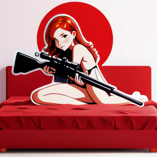 Sexy teenage redhead girl 18 years old, naked, on a red bed, huging a big sniper rifle sticker