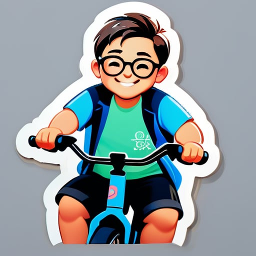 잘생긴 소년이 안경을 쓰고 약간 뚱뚱해서 자전거를 타고 있습니다 sticker