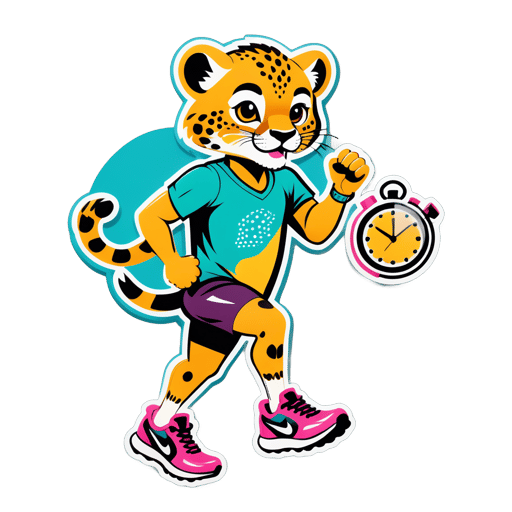 Um guepardo com um tênis de corrida na mão esquerda e um cronômetro na mão direita sticker