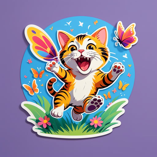 Gato emocionado persiguiendo mariposas sticker
