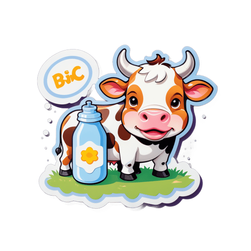 Une vache avec une cloche dans sa main gauche et une bouteille de lait dans sa main droite sticker