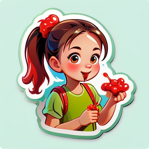 Girl with ponytail eating candied haws in the field sticker
