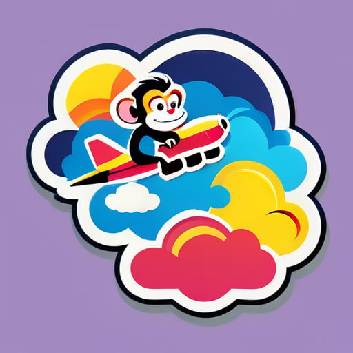A monkey flies over an airplane on a seven-colored auspicious cloud. sticker