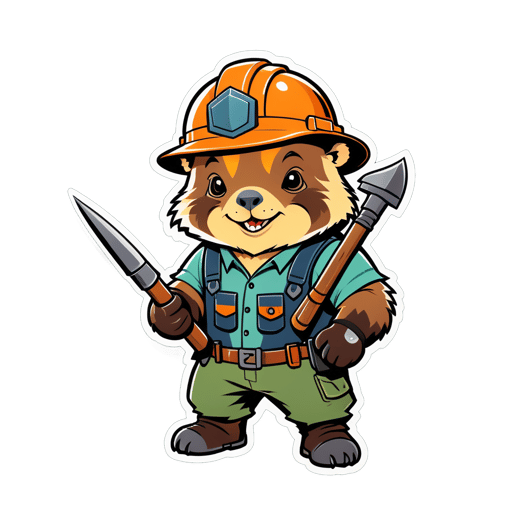 一隻袋熊，左手拿著礦工頭盔，右手拿著鎬 sticker