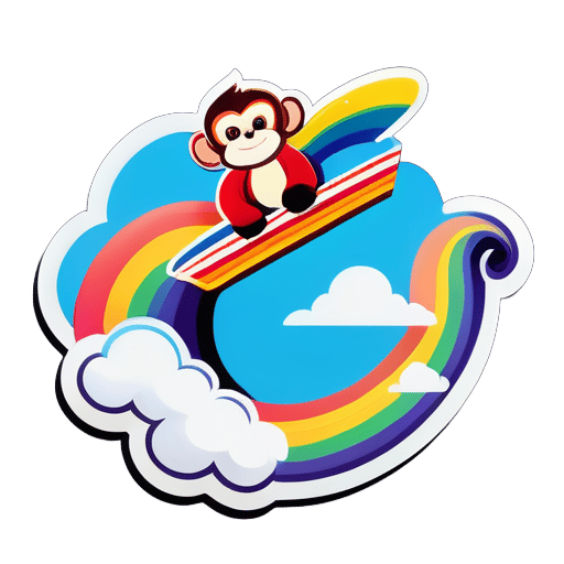 Un singe vole sur un nuage arc-en-ciel au-dessus d'un avion. sticker
