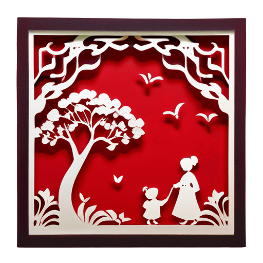 this paper cut is a chinese traditional folk art, inchinese theme, flat, all red paper, minimalism, luxurious wall hangings, square, precisionist lines and shapes,under the ginkgo tree, grandchildren and grandmother,admiring ginkgo, low details sticker