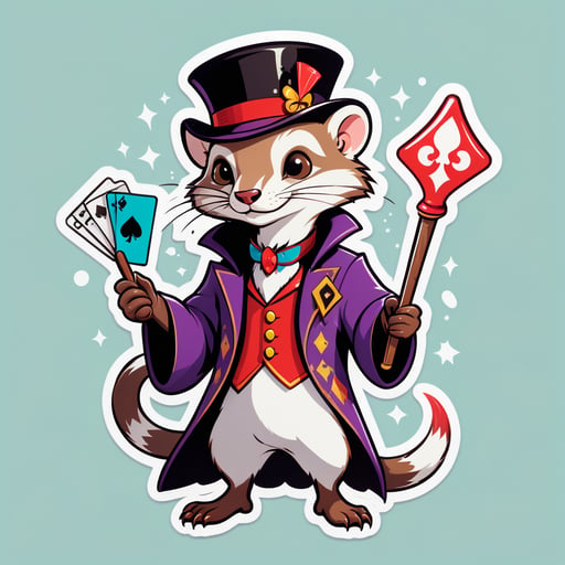 Un belette avec une baguette de magicien dans sa main gauche et un jeu de cartes dans sa main droite sticker