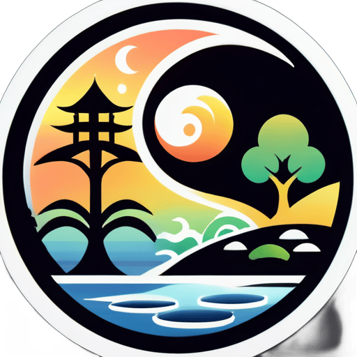 Generar una imagen de logotipo que represente un diseño de Bagua Yin Yang, que incluya elementos como el sol, la luna, árboles, edificios altos y lagos, con un estilo de dibujo muy claro y conciso. sticker