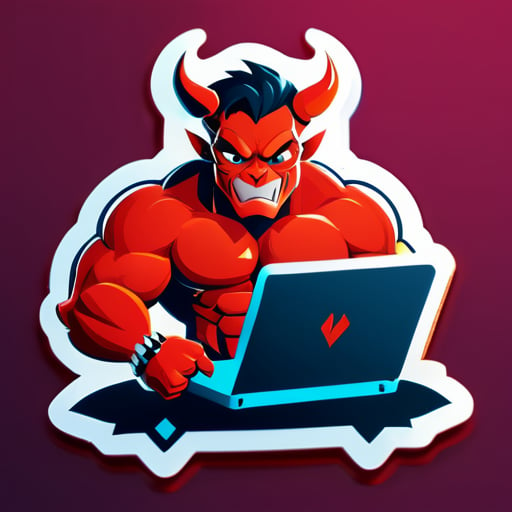 coding devil with big muscles and laptop sticker