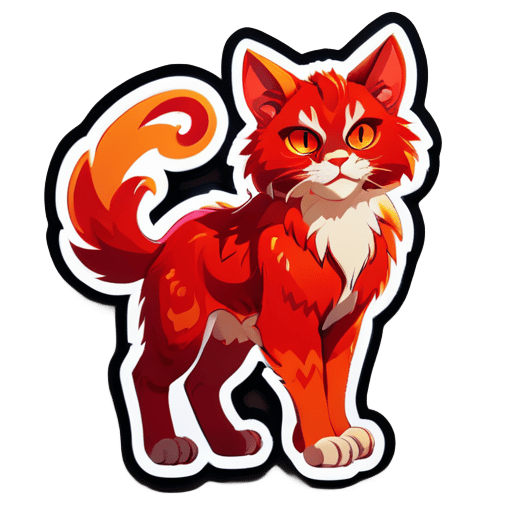 a cat-Aries is depicted in red tones, with fiery eyes and fur resembling flames. It stands on its hind legs, ready for battle, and looks very confident. It also has horns on its head. sticker