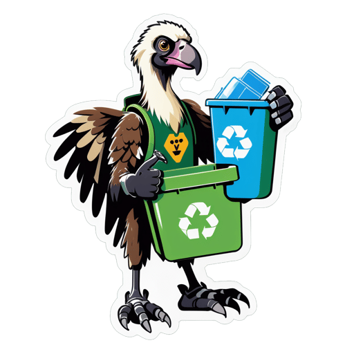 A vulture with a recycling bin in its left hand and a clean-up glove in its right hand sticker