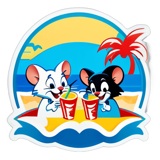 Tom và Jerry đang mặc đồ bơi trên bãi biển, thưởng thức đồ uống sticker
