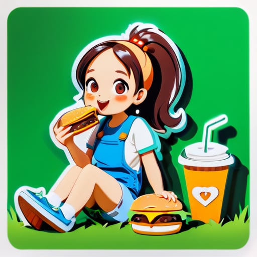 소녀가 풀 위에 앉아 햄버거를 먹는 모습 sticker