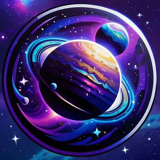A cosmic sticker featuring a detailed planet with rings, surrounded by stars, The background is a dark glows with vibrant hues of purple and blue, vibrant colors, cosmic art style, detailed textures, luminous effects, deep space atmosphere, ethereal light sticker