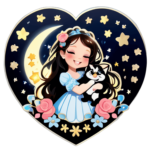 Smiling Sarah Brightman singing with her cat. Flowers and stars surround the heart. Exquisite details. sticker