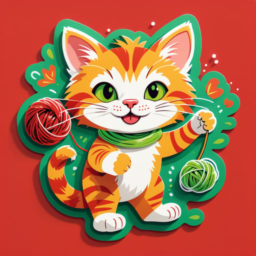 Happy Cat with Yarn: Fluffy ginger tabby, bright green eyes, playful with red yarn. sticker