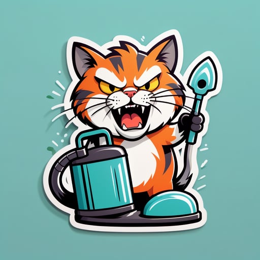 Angry Cat vs Vacuum: Bristled fur, flattened ears, hissing at vacuum cleaner. sticker