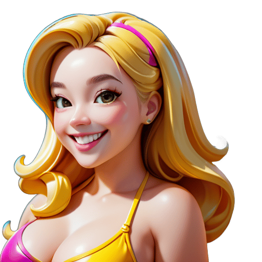hyper réaliste, résolution ultra UHD 4K, couleurs à fort contraste, fille au sourire enjôleur, cheveux dorés, portant un bikini, dans un palais, rendu en 3D sticker