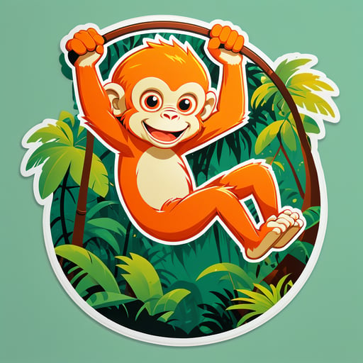 Mono naranja columpiándose en la selva tropical sticker