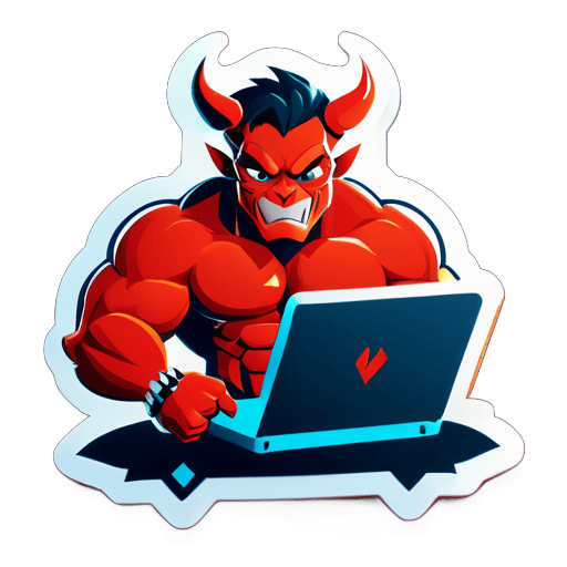 coding devil with big muscles and laptop sticker