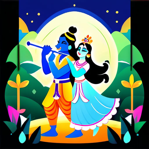 **Yêu cầu: ** Tạo một tác phẩm nghệ thuật kỹ thuật số miêu tả Chúa Krishna và Radha trong một bối cảnh rừng yên bình với những tảng đá ở phía trước. Cảnh sẽ gợi lên cảm giác thanh bình và vẻ đẹp tự nhiên, với rừng làm nền. 1. **Nhân vật:** - Chúa Krishna và Radha nên là trung tâm của tác phẩm. - Krishna nên được miêu tả với cây sáo biểu tượng của mình sticker