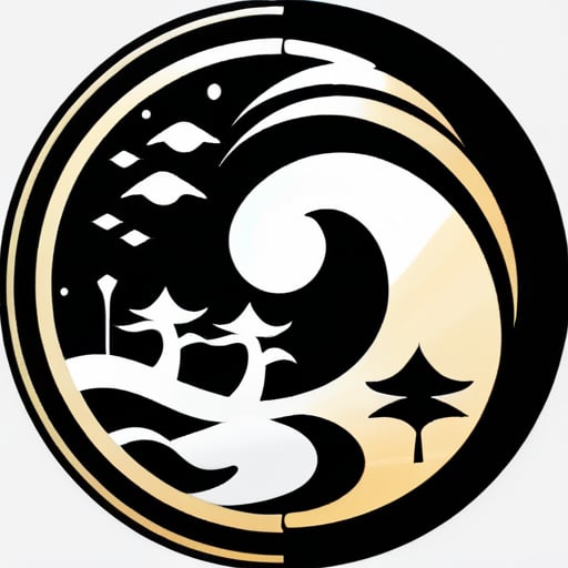 Generar una imagen de logotipo que represente un diseño de Bagua Yin Yang, que incluya elementos como el sol, la luna, árboles, edificios altos y lagos, con un estilo de dibujo muy claro y conciso. sticker