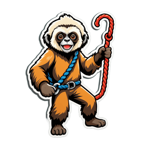 A gibbon with a climbing rope in its left hand and a carabiner in its right hand sticker