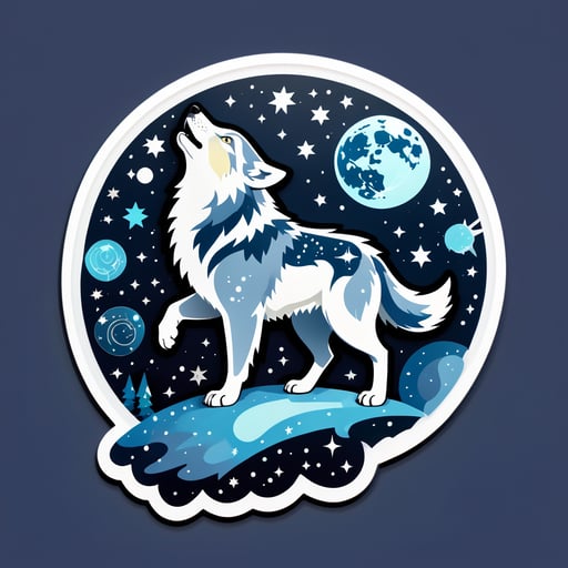 Un loup avec un pendentif en forme de lune dans sa main gauche et une carte des étoiles dans sa main droite sticker