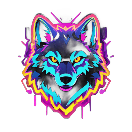 Uma silhueta de lobo iluminada por neon em cores vibrantes, com contornos brilhantes e destaques. O texto 'Neon Wolf Gaming' é estilizado com efeitos de neon, criando uma vibe futurista e eletrizante. sticker