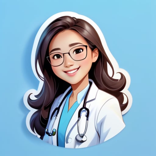 의사 제복을 입은 중국 여성 의사의 만화 캐릭터 이미지를 프로필 사진으로 사용합니다. 미소를 지으며 긴 크롭트 헤어를 하고, 청진기를 목에 걸고, 안경을 쓴 채 가슴 앞에서 팔을 교차시키며 의사의 자신감과 친근함을 나타냅니다. 사진 배경은 연한 파란색입니다. sticker