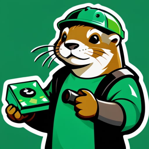 Otter with board game in one hand and tor hammer in the other. All that in the green gear sticker