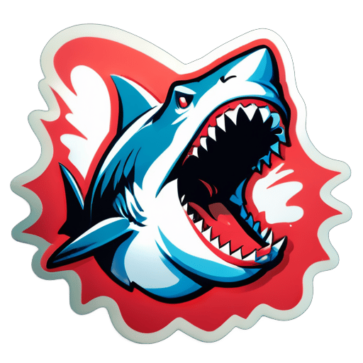 Tiburón, de frente, con la boca abierta, dientes afilados, estilo retro americano sticker