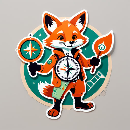 A fox with a map in its left hand and a compass in its right hand sticker