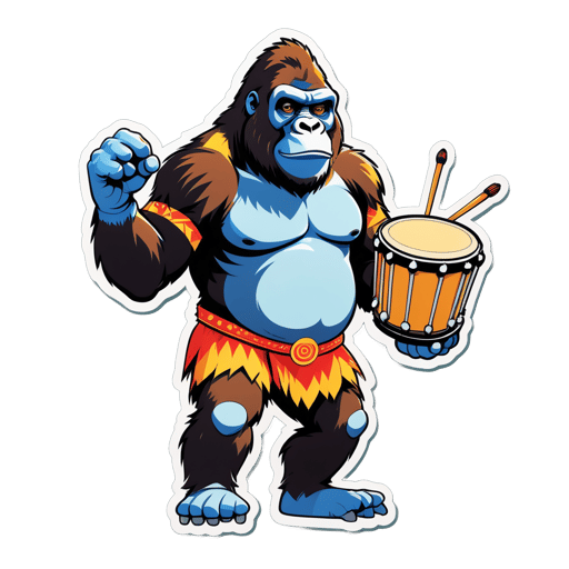 Um gorila com um tambor na mão esquerda e baquetas na mão direita sticker