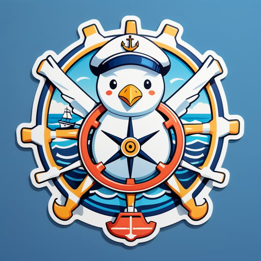 一隻海鷗，左手拿著水手帽，右手拿著船輪 sticker