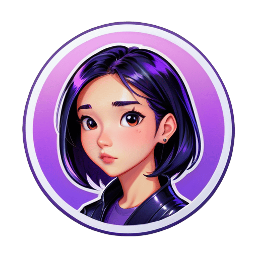 Hair: Black, shiny, slightly long but not past the neck. Ethnicity: Asian, leaning towards East Asian, fair skin. Expression: Contemplating a tricky bug. Occupation: A skilled modern programmer. Gender: Male. Background: Gradient purple, circular. sticker