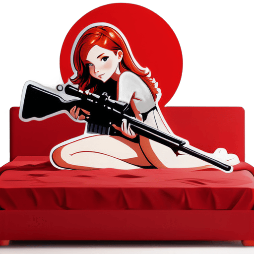 Sexy teenage redhead girl 18 years old, naked, on a red bed, huging a big sniper rifle sticker