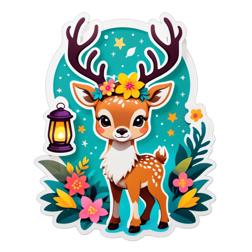 Un ciervo con una corona de flores en su mano izquierda y una linterna en su mano derecha sticker