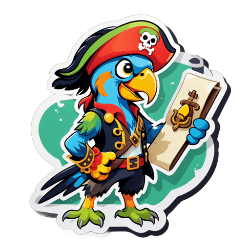 Um papagaio com um chapéu de pirata em sua mão esquerda e um mapa do tesouro em sua mão direita sticker