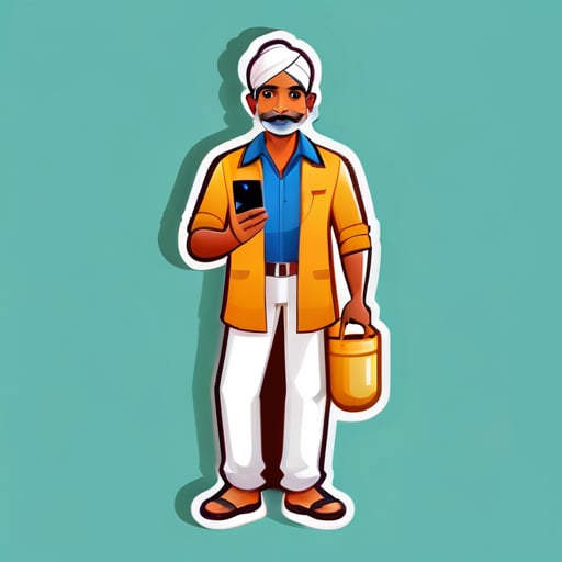 Indian Farmer full body with with smart phone in hand sticker