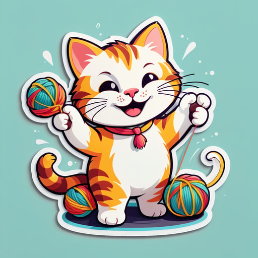 Mèo vui vẻ đang chơi với sợi len sticker